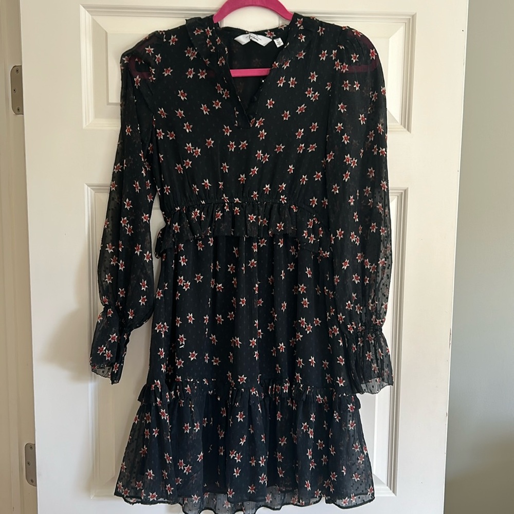 & OTHER STORIES Black floral print long sleeve mini dress, ruffle detail sz 2